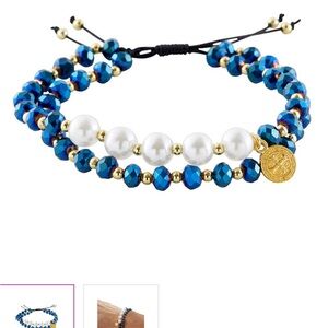 Saint Benedict gold medal Elegant double Blue Bead and pearl Bracelet women nwt